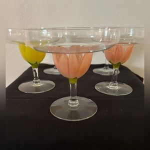 Vintage Set of 4 postwar hand painted margarita glasses. 4.75”